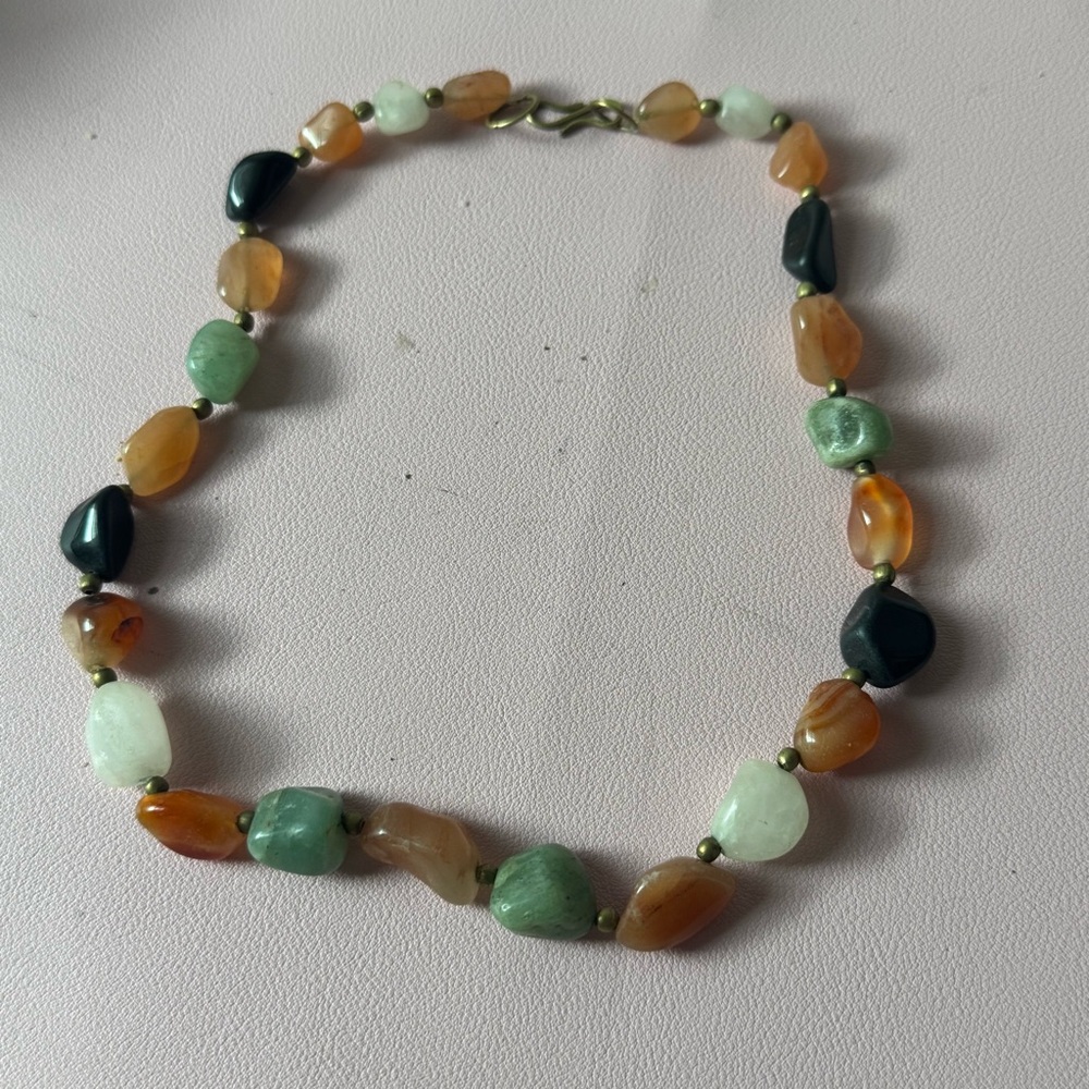 Vintage Multi-Stone Beaded Necklace – Aventurine, Onyx, Carnelian – 18”